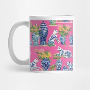 Porcelain cats and chinoiserie jars on hot pink Mug